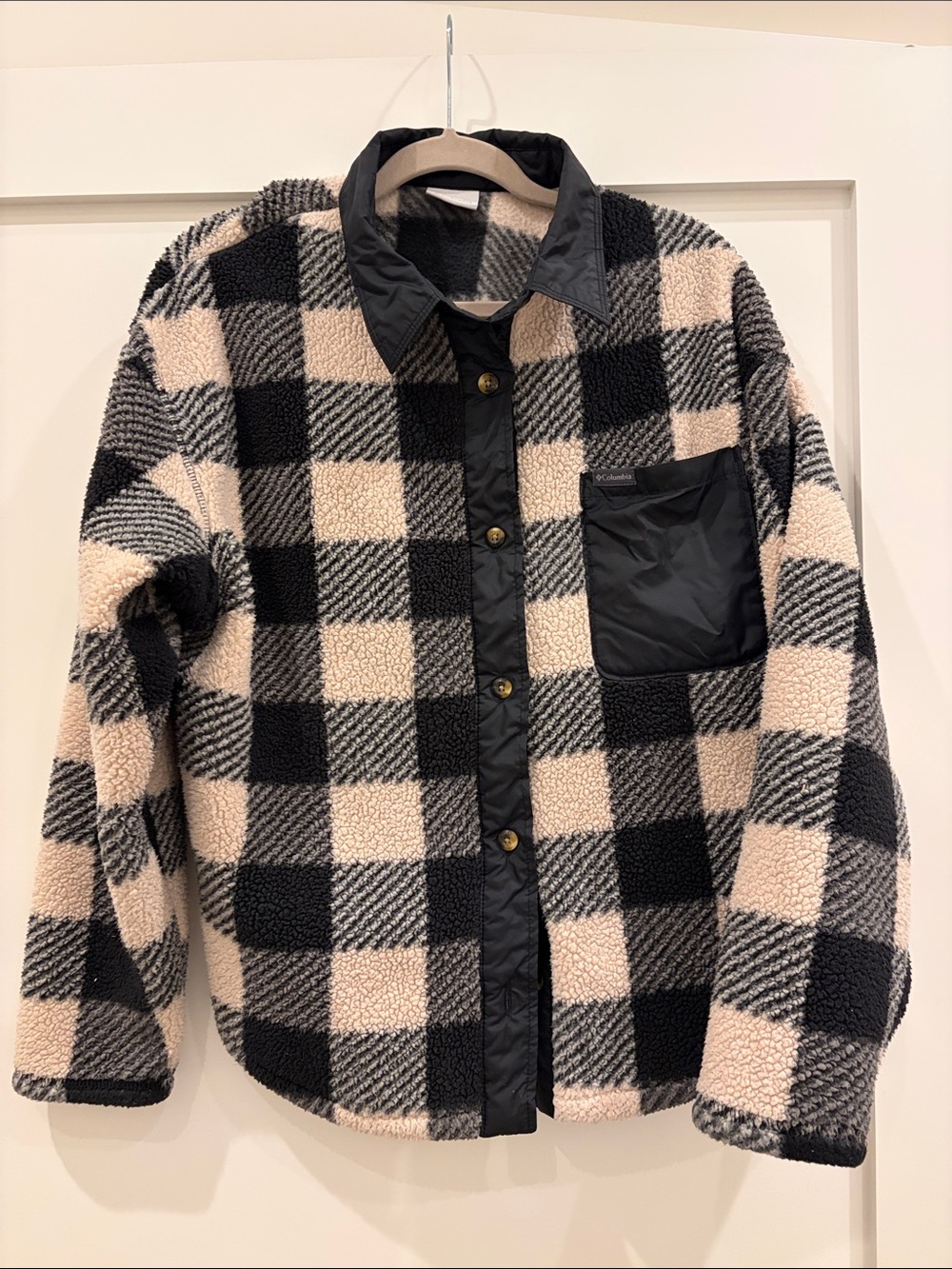 Columbia Black and Cream Buffalo Plaid Teddy Jacket